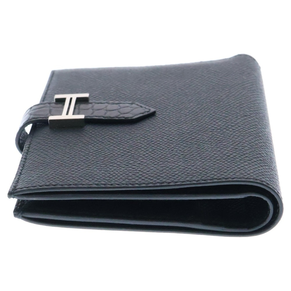 HERMES(エルメス) ベアン コンパクトタッチ ヴォーエプソン アリゲーター レザー ウォレット 二つ折り財布 ブラック B刻印 シルバー金具