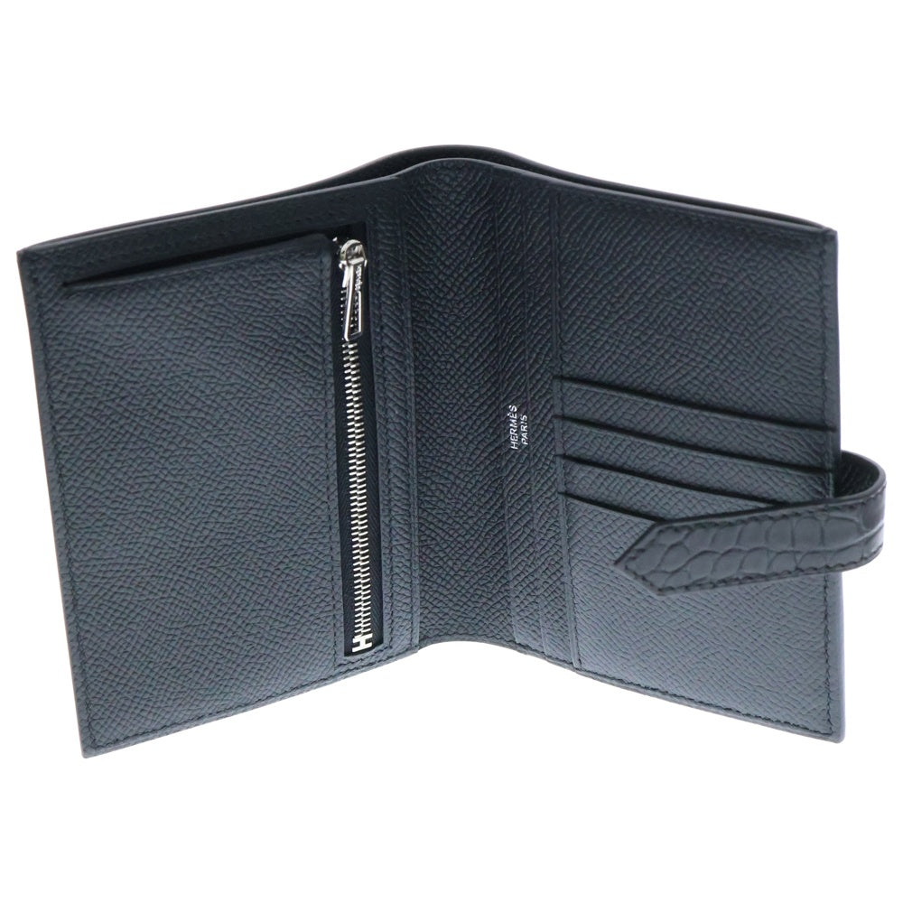 HERMES(エルメス) ベアン コンパクトタッチ ヴォーエプソン アリゲーター レザー ウォレット 二つ折り財布 ブラック B刻印 シルバー金具
