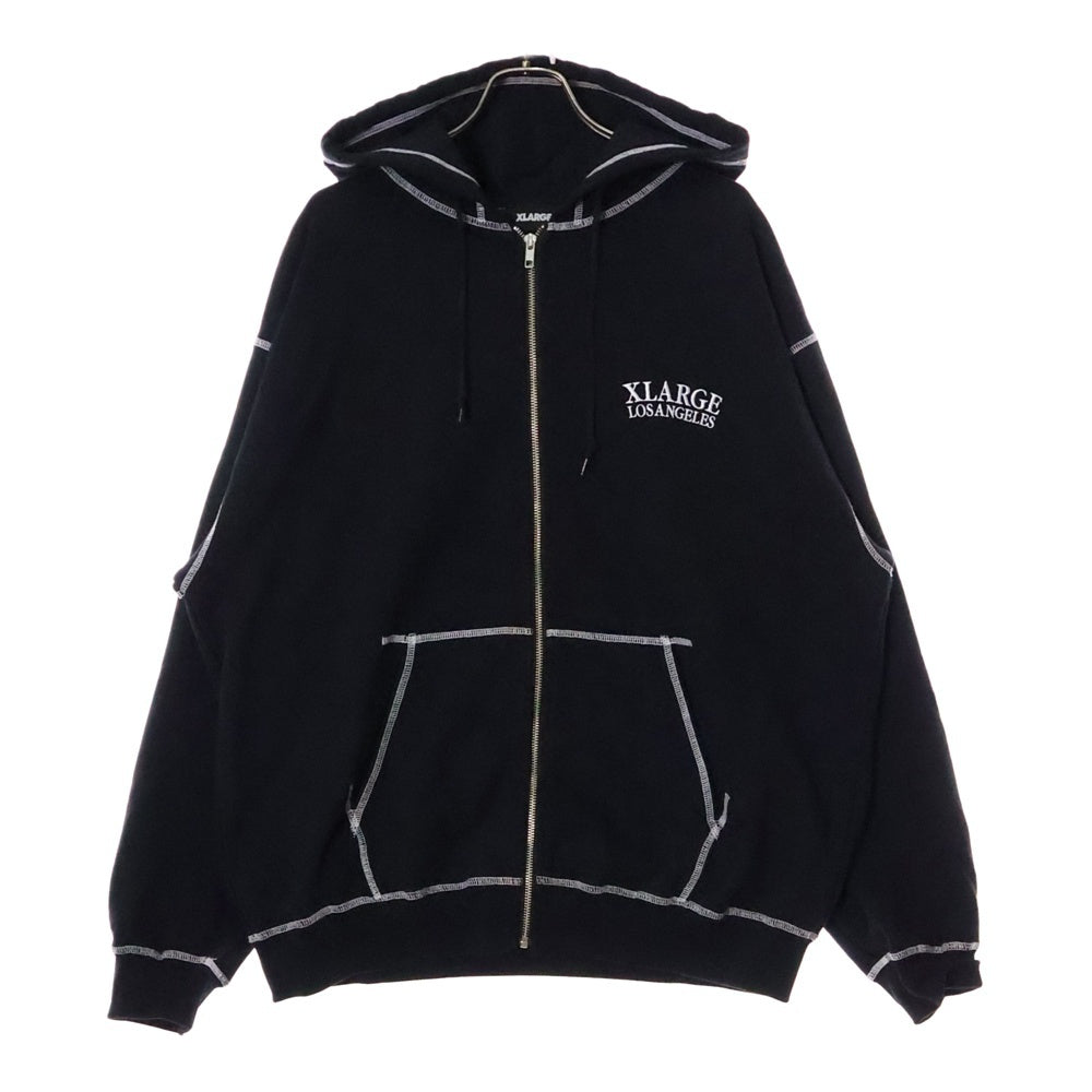 X-LARGE(エクストララージ) CONTRAST STITCH ZIP HOODED SWEATSHIRT ロゴ刺繍 コントラストステッチ ジップアップ スウェット パーカー ブラック 101249012016