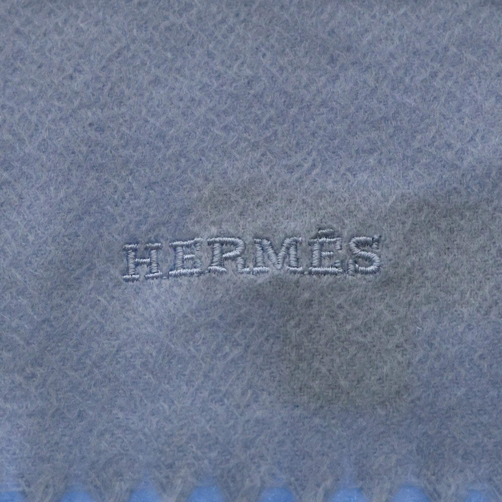 HERMES(エルメス) ロゴ刺繍 カシミア マフラー ブルー