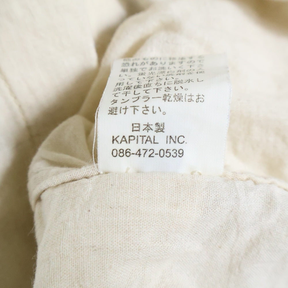 KAPITAL(キャピタル) 刺繍プリント長袖シャツ ブラウス マルチポケット シンチバック コットン リネン ベージュ