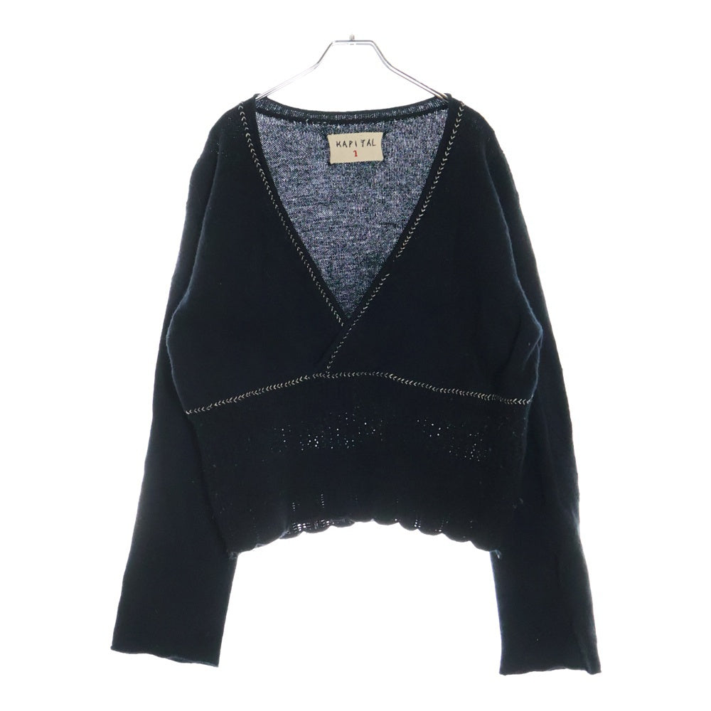 KAPITAL(キャピタル) ステッチ切替 ロングスリーブ 長袖Vネックニット ブラック レディース