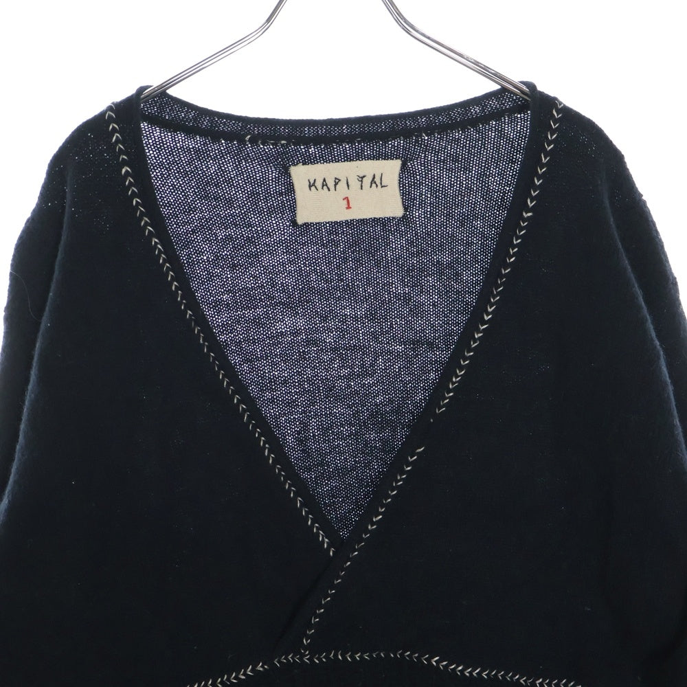 KAPITAL(キャピタル) ステッチ切替 ロングスリーブ 長袖Vネックニット ブラック レディース
