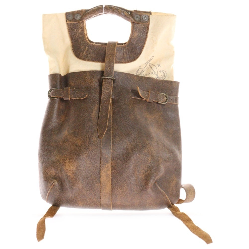 KAPITAL(キャピタル) 2wayレザーバッグ リュック ビンテージ加工 キャンバス切り替え ベージュ/ブラウン