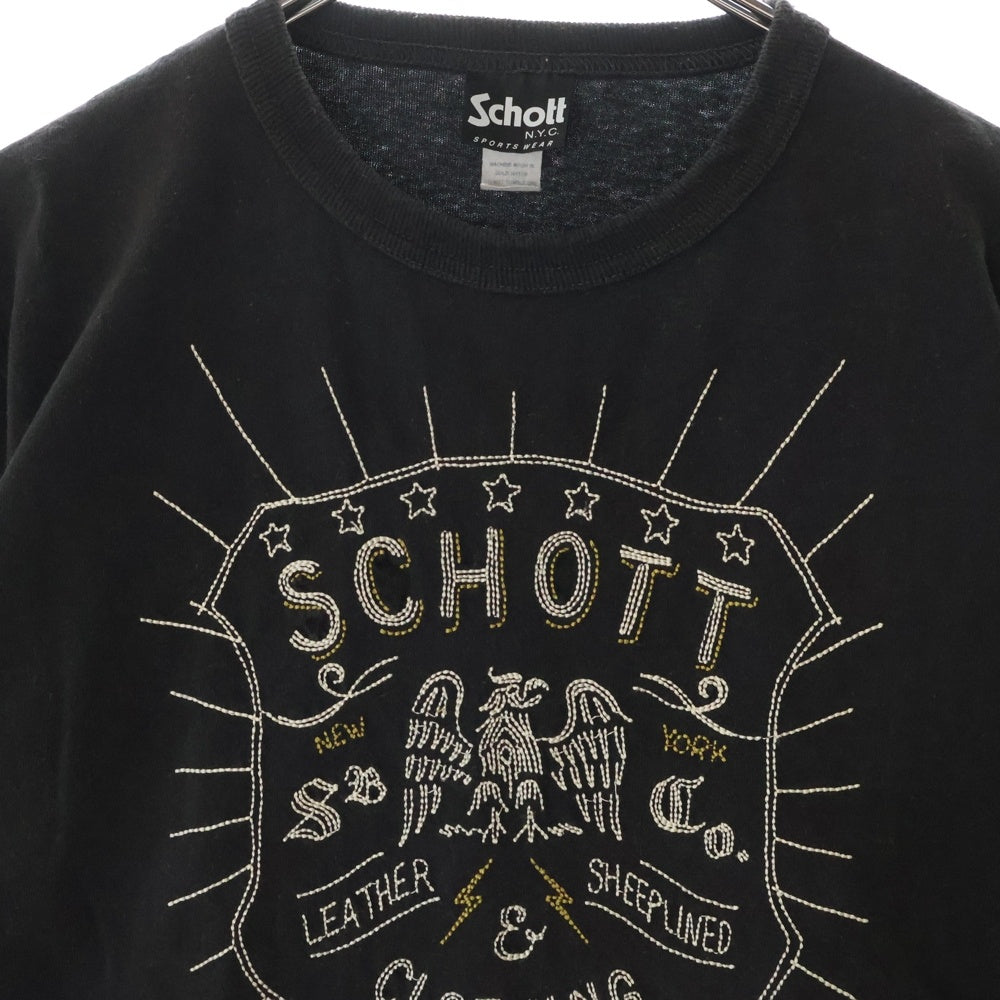SCHOTT(ショット) ロゴ刺繍 クルーネック半袖Tシャツ カットソー ブラック