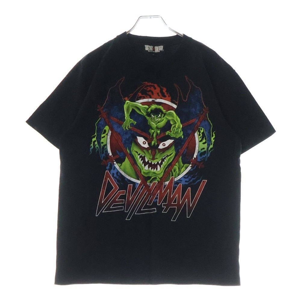 NO BRAND(ノーブランド) 墓場の画廊 DEVILMAN デビルマン メタル 50周年 フロントプリント クルーネック半袖Tシャツ カットソー ブラック