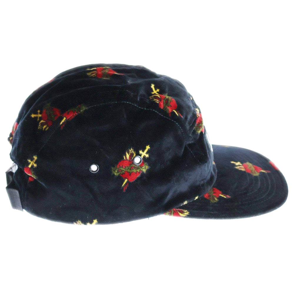 SUPREME(シュプリーム) 17AW Sacred Hearts Camp Cap ボックスロゴ セイクリッドハート 総柄 ベロア キャンプキャップ 帽子 ブラック