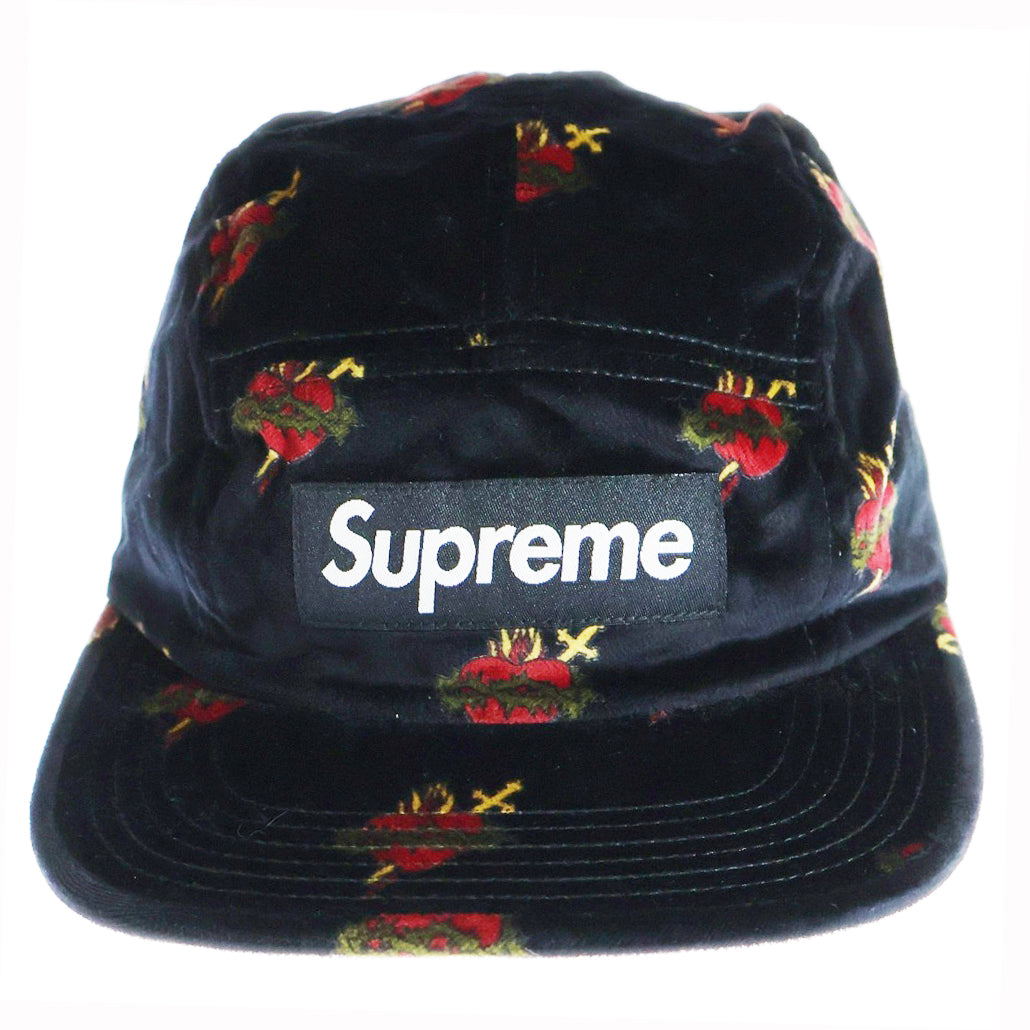 SUPREME(シュプリーム) 17AW Sacred Hearts Camp Cap ボックスロゴ セイクリッドハート 総柄 ベロア キャンプキャップ 帽子 ブラック
