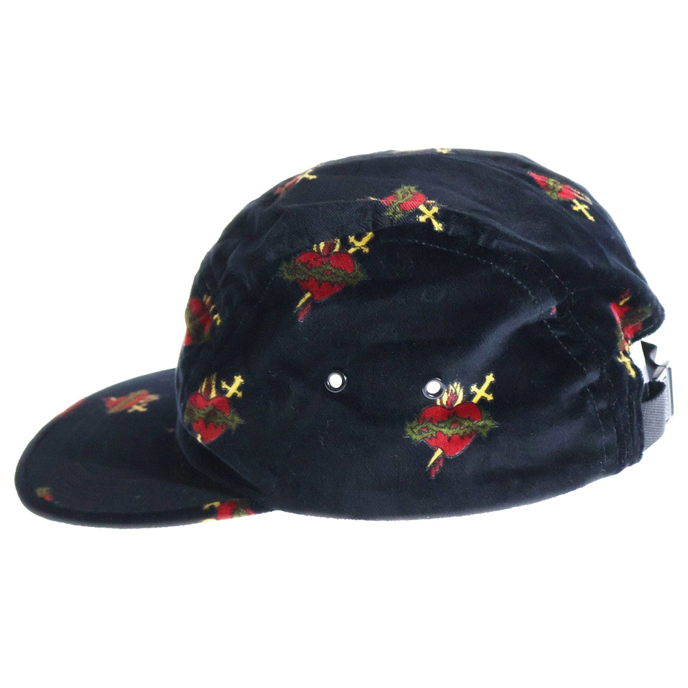 SUPREME(シュプリーム) 17AW Sacred Hearts Camp Cap ボックスロゴ セイクリッドハート 総柄 ベロア キャンプキャップ 帽子 ブラック