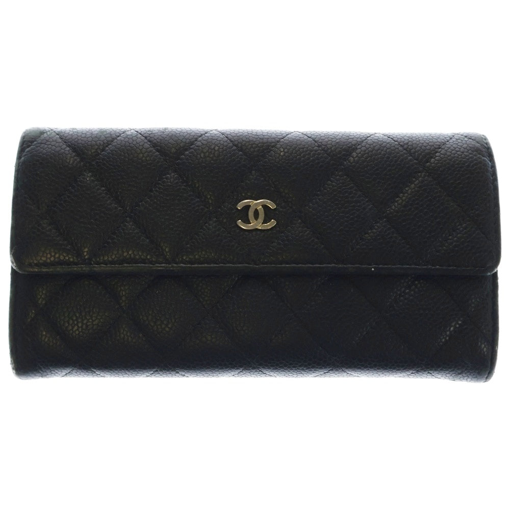 CHANEL(シャネル) ココマーク キャビアスキン マトラッセ レザー ロングウォレット 二つ折り財布 ブラック レディース 18番代 A50096