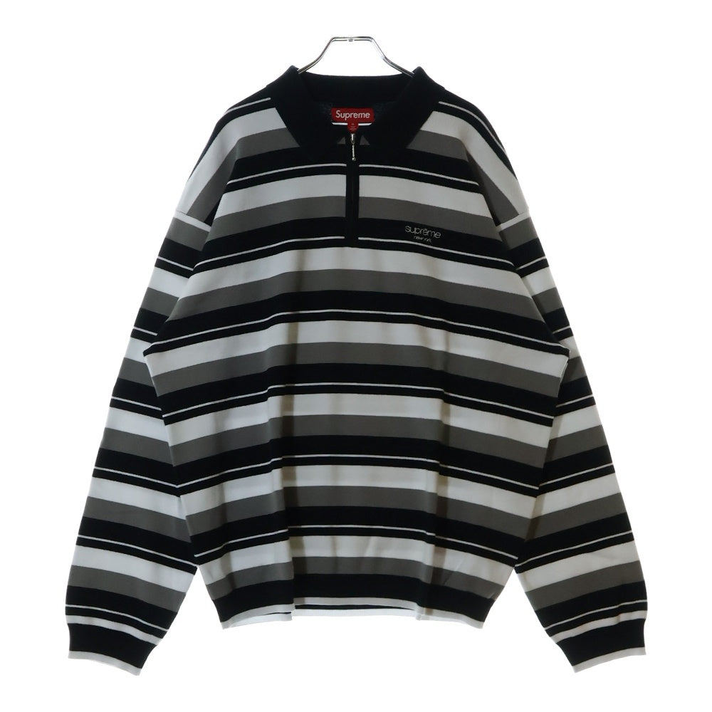 SUPREME(シュプリーム) 24AW Stripe Zip L/S Polo ストライプ ジップ ポロシャツ ブラック/ホワイト
