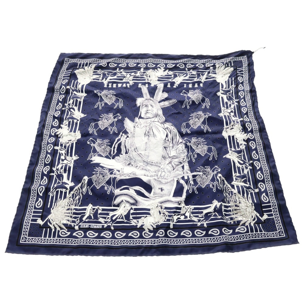 HERMES(エルメス) カレ55 Pain La Shar Pawnee Carres パウニー族の首長 総柄シルクスカーフ バンダナ ネイビー