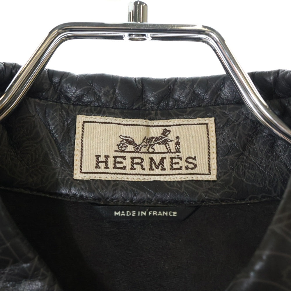 HERMES(エルメス) リーフ総柄 フライフロント 比翼 ラムレザー 長袖シャツ ブラック