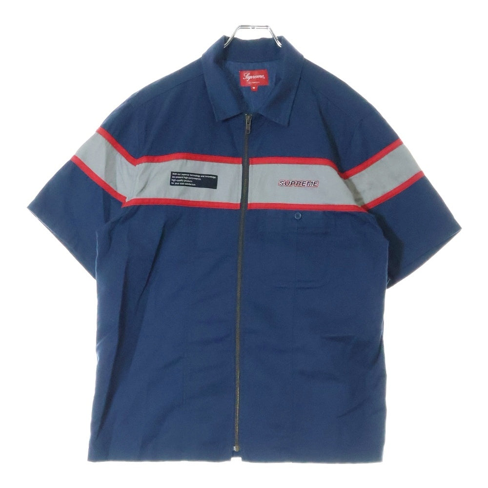 SUPREME(シュプリーム) 17SS Zip Up Work Shirt ロゴ刺繍 ジップアップ 半袖ワークシャツ ネイビー