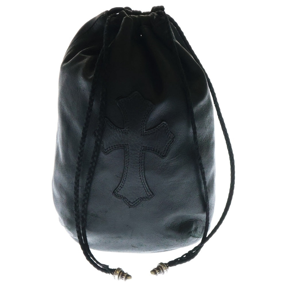 CHROME HEARTS(クロムハーツ) DRW STRNG SACK CRS PATCH クロスパッチ ドローストリング サック レザー 巾着 ハンドバッグ ブラック/シルバー