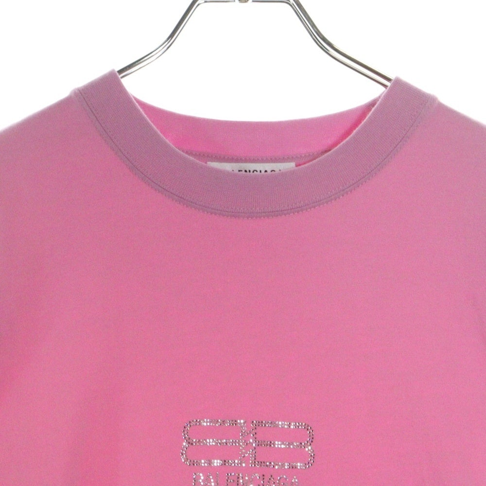 BALENCIAGA(バレンシアガ) 22SS ラインストーン ロゴ クルーネック半袖Tシャツカットソー ピンク 612965 TMVP2 レディース