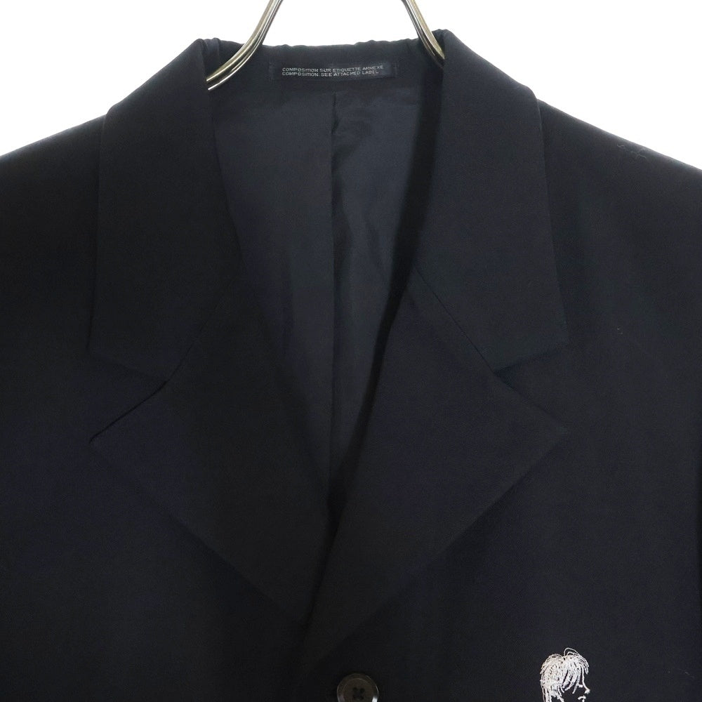 Yohji Yamamoto POUR HOMME(ヨウジヤマモト プールオム) 02SS 女優期 フロント刺繍 レインウール ノッチドラペル 5B シングル テーラードジャケット ブラック HE-J-63-100