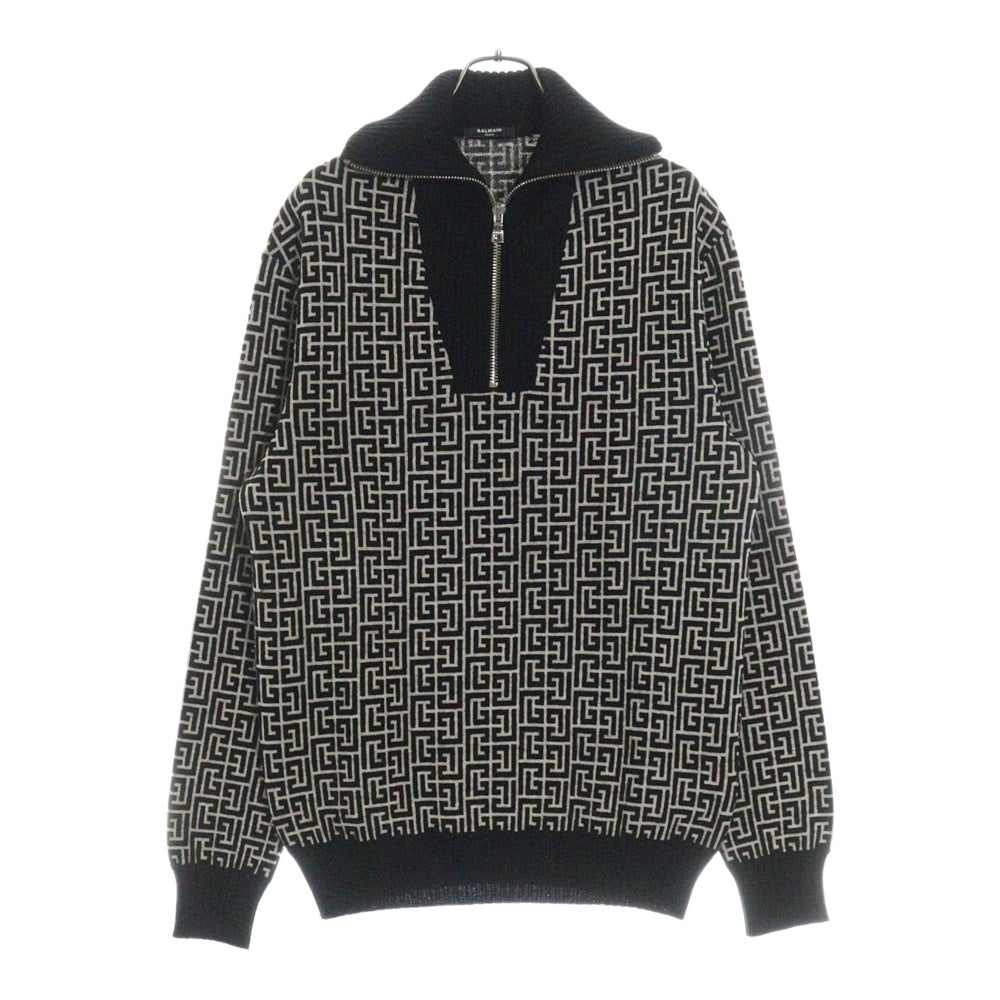 BALMAIN(バルマン) Logo Half Zip Knit ロゴ総柄 ハーフジップ ニットセーター ブラック/ホワイト WH0KF020