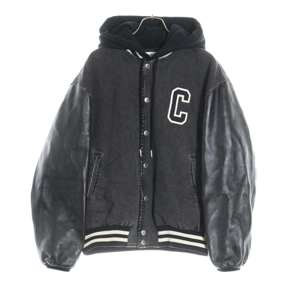 CELINE(セリーヌ) ピズモウォッシュデニム フード付き アームレザー切替 テディジャケット ブラック 2Q937947F