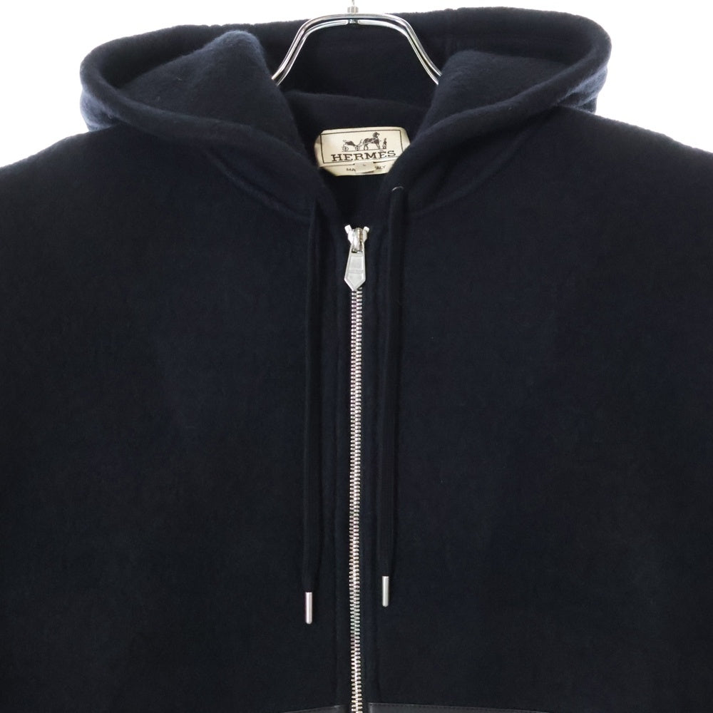HERMES(エルメス) ウールカシミヤ混レザー切替ジップアップパーカー ジャケット ブラック