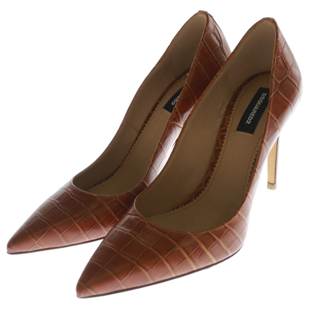 DSQUARED2(ディースクエアード) クロコ型押し ポインテッドトゥ ヒール パンプス ブラウン レディース