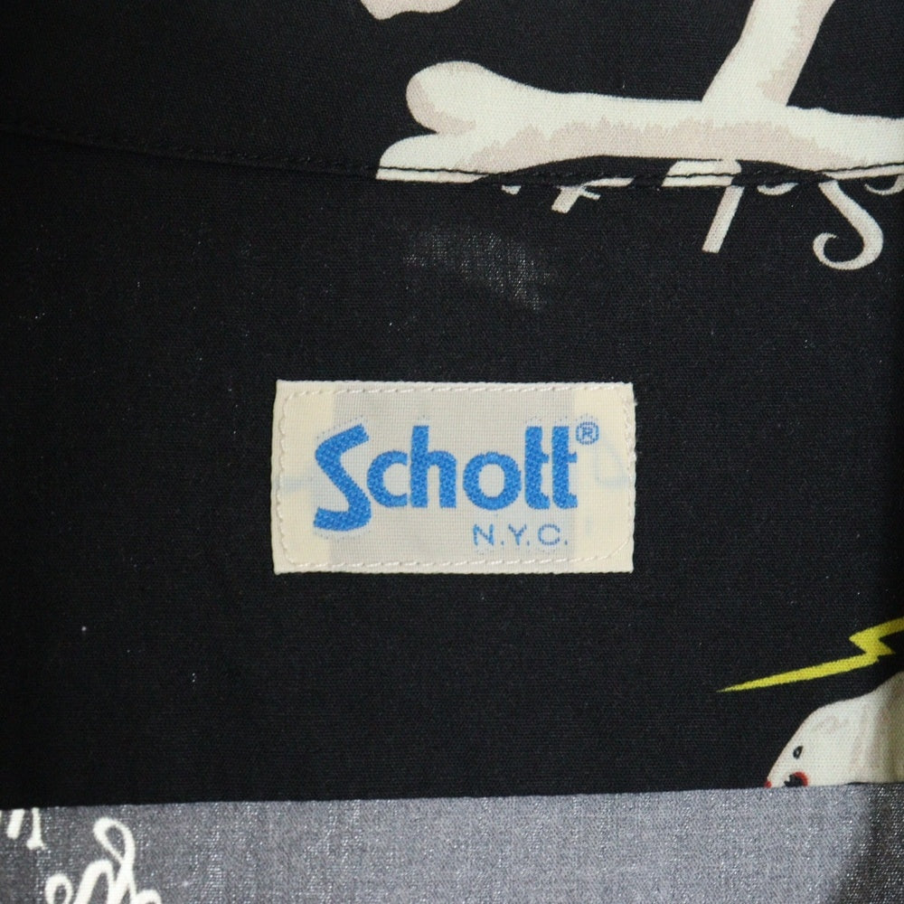 SCHOTT(ショット) スカル柄 ロゴプリント レーヨン オープンカラー 半袖シャツ ブラック 3105039