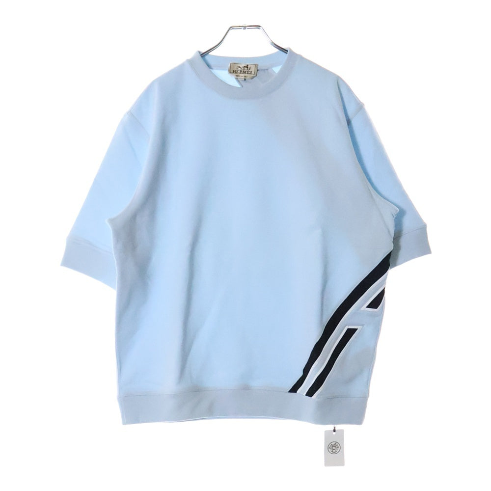 HERMES(エルメス) ランH ラインデザイン クルーネック スウェット半袖Tシャツ ライトブルー