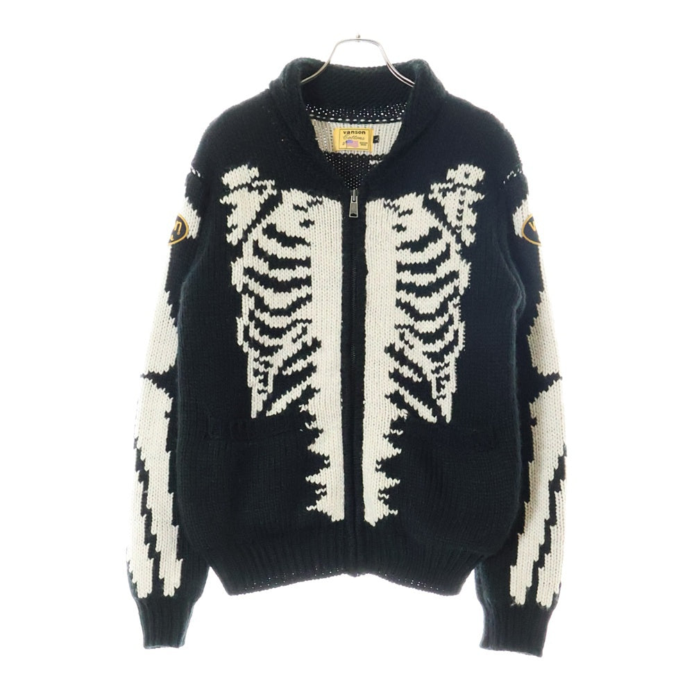 VANSON(バンソン) ヒューマンボーン ロゴワッペン ジップアップ アクリル カウチンニット セーター ブラック/ホワイト