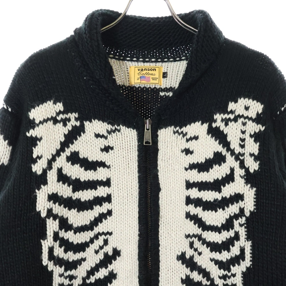 VANSON(バンソン) ヒューマンボーン ロゴワッペン ジップアップ アクリル カウチンニット セーター ブラック/ホワイト