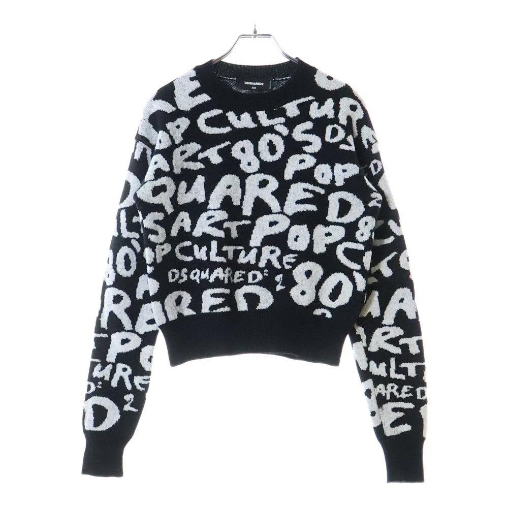 DSQUARED2(ディースクエアード) D2 POP 80S COOL FIT CREWNECK 総柄 クルーネックニットセーターブラック S75HA1246 S18438 レディース