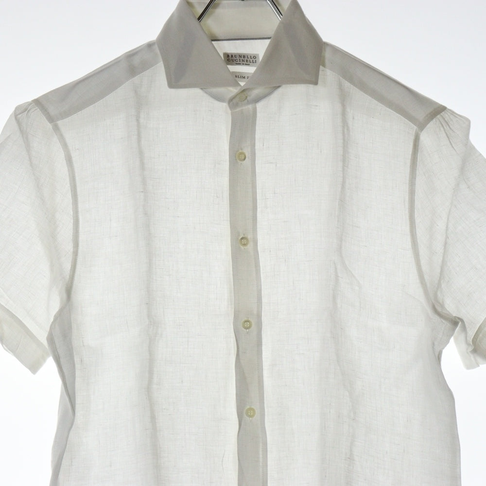 BRUNELLO CUCINELLI(ブルネロクチネリ) カッタウェイカラー リネン 半袖ドレスシャツ ホワイト
