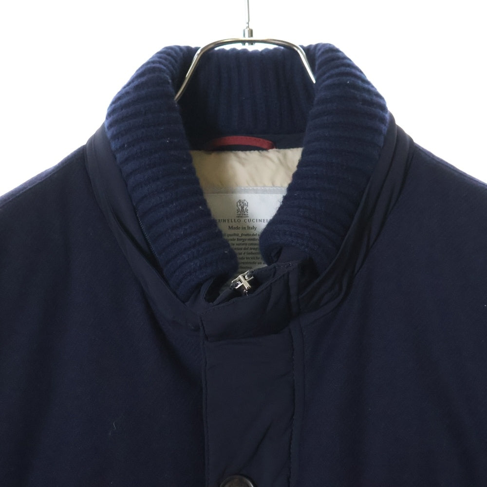 BRUNELLO CUCINELLI(ブルネロクチネリ) ニット切り替え ナイロン ジップアップ ボタンダウンジャケット ネイビー