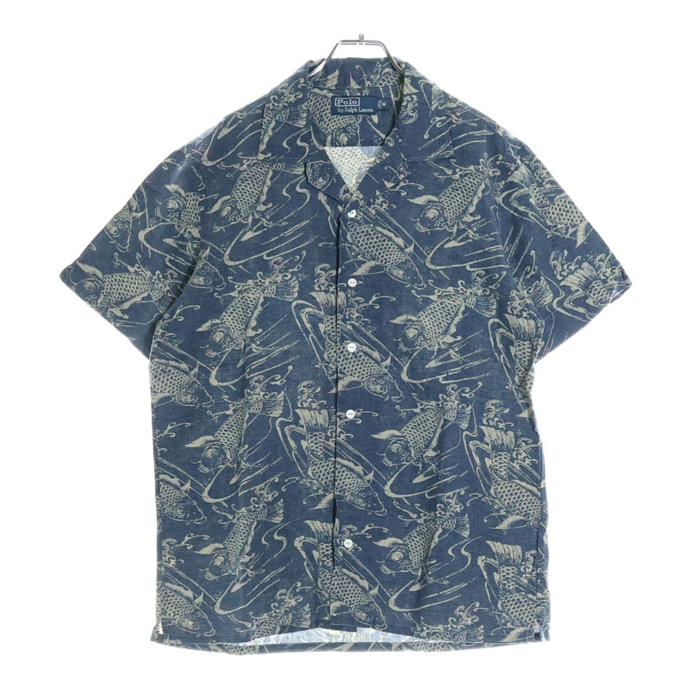 POLO RALPH LAUREN(ポロラルフローレン) 90S 鯉柄 コットン リネン オープンカラー 開襟 半袖シャツ ネイビー 19697