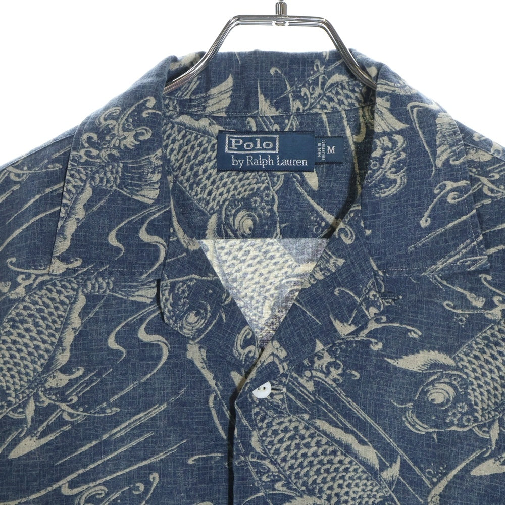 POLO RALPH LAUREN(ポロラルフローレン) 90S 鯉柄 コットン リネン オープンカラー 開襟 半袖シャツ ネイビー 19697