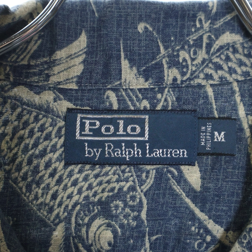 POLO RALPH LAUREN(ポロラルフローレン) 90S 鯉柄 コットン リネン オープンカラー 開襟 半袖シャツ ネイビー 19697