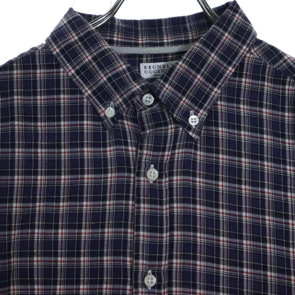 BRUNELLO CUCINELLI(ブルネロクチネリ) スリムフィット コットン チェック ボタンダウン 長袖シャツ ネイビー DE91645