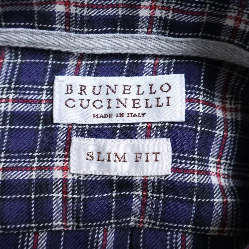 BRUNELLO CUCINELLI(ブルネロクチネリ) スリムフィット コットン チェック ボタンダウン 長袖シャツ ネイビー DE91645