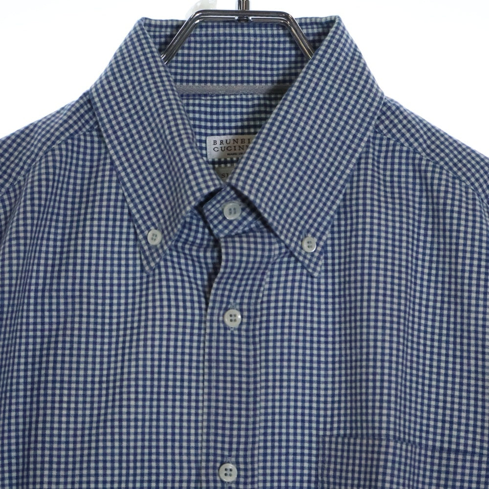 BRUNELLO CUCINELLI(ブルネロクチネリ) ギンガムチェック フロントポケット ボタンダウン 長袖シャツ ブルー