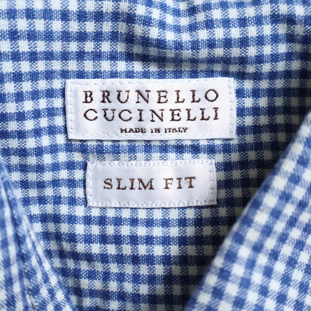 BRUNELLO CUCINELLI(ブルネロクチネリ) ギンガムチェック フロントポケット ボタンダウン 長袖シャツ ブルー