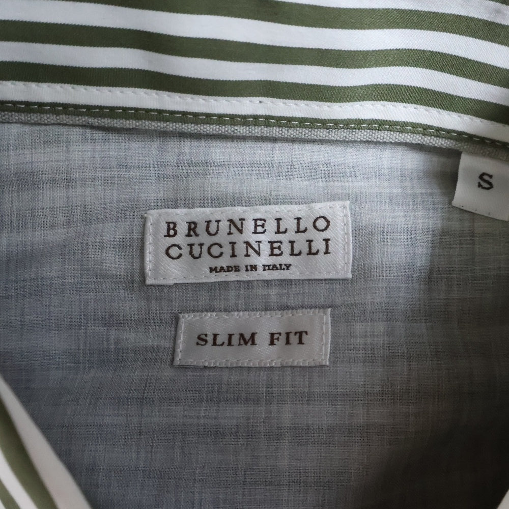 BRUNELLO CUCINELLI(ブルネロクチネリ) SLIM FIT スリムフィット コットン ストライプ 長袖シャツ ホワイト/カーキ