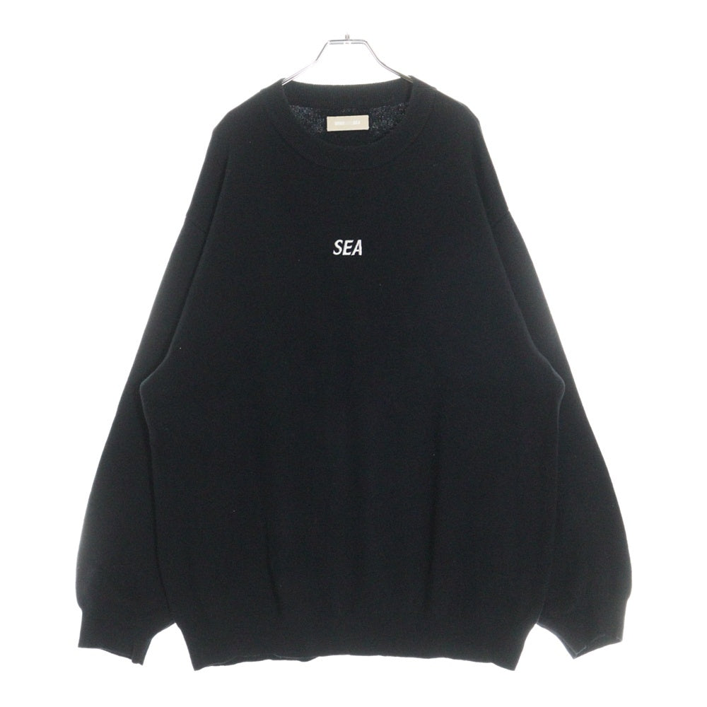 WIND AND SEA(ウィンダンシー) COTTON CASHMERE KNIT カシミヤ混 フロントロゴエンブロイダリー クルーネック ニットセーター ブラック WDS-O-ESSC-24-Q1-KN-01