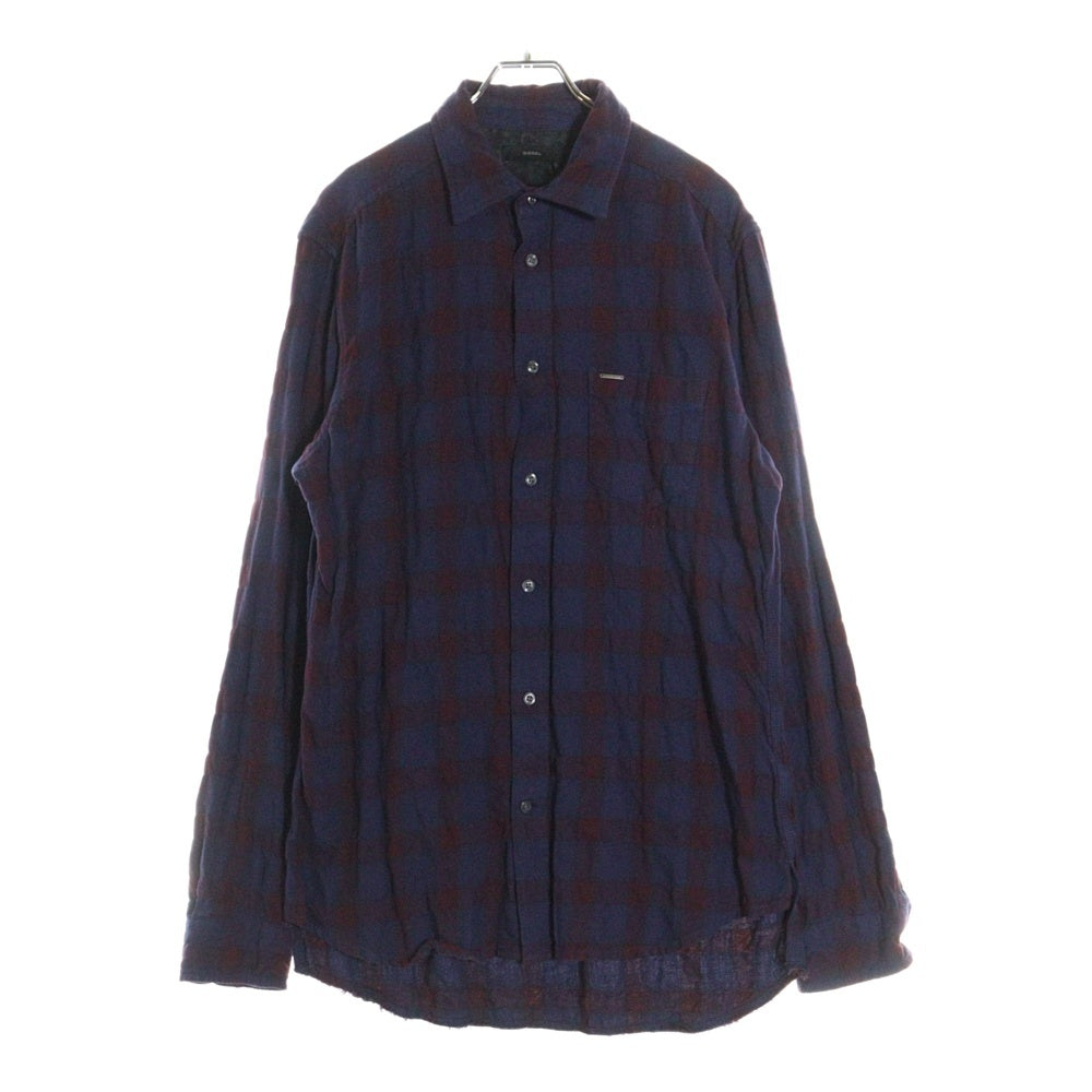 DIESEL(ディーゼル) ブロックチェック メタルロゴ ダメージ加工 長袖ネルシャツ ネイビー/パープル