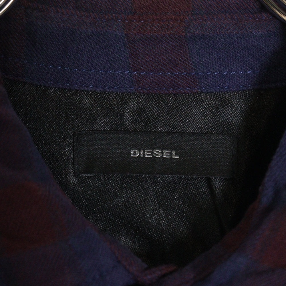 DIESEL(ディーゼル) ブロックチェック メタルロゴ ダメージ加工 長袖ネルシャツ ネイビー/パープル