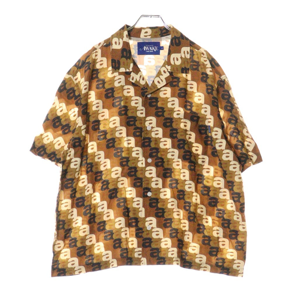 AWAKE NY(アウェイク ニューヨーク) 総柄 オープンカラー 半袖シャツ ブラウン