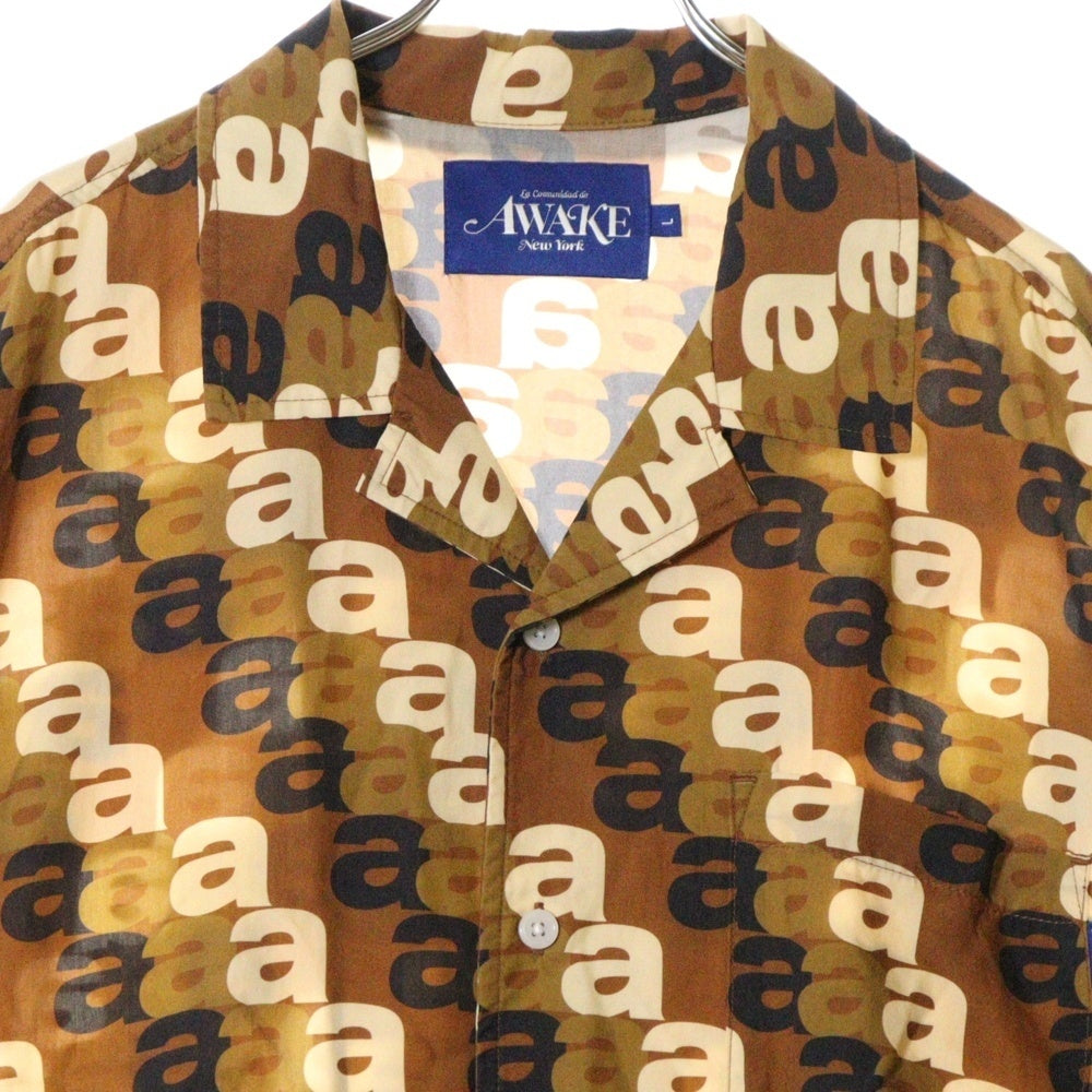 AWAKE NY(アウェイク ニューヨーク) 総柄 オープンカラー 半袖シャツ ブラウン