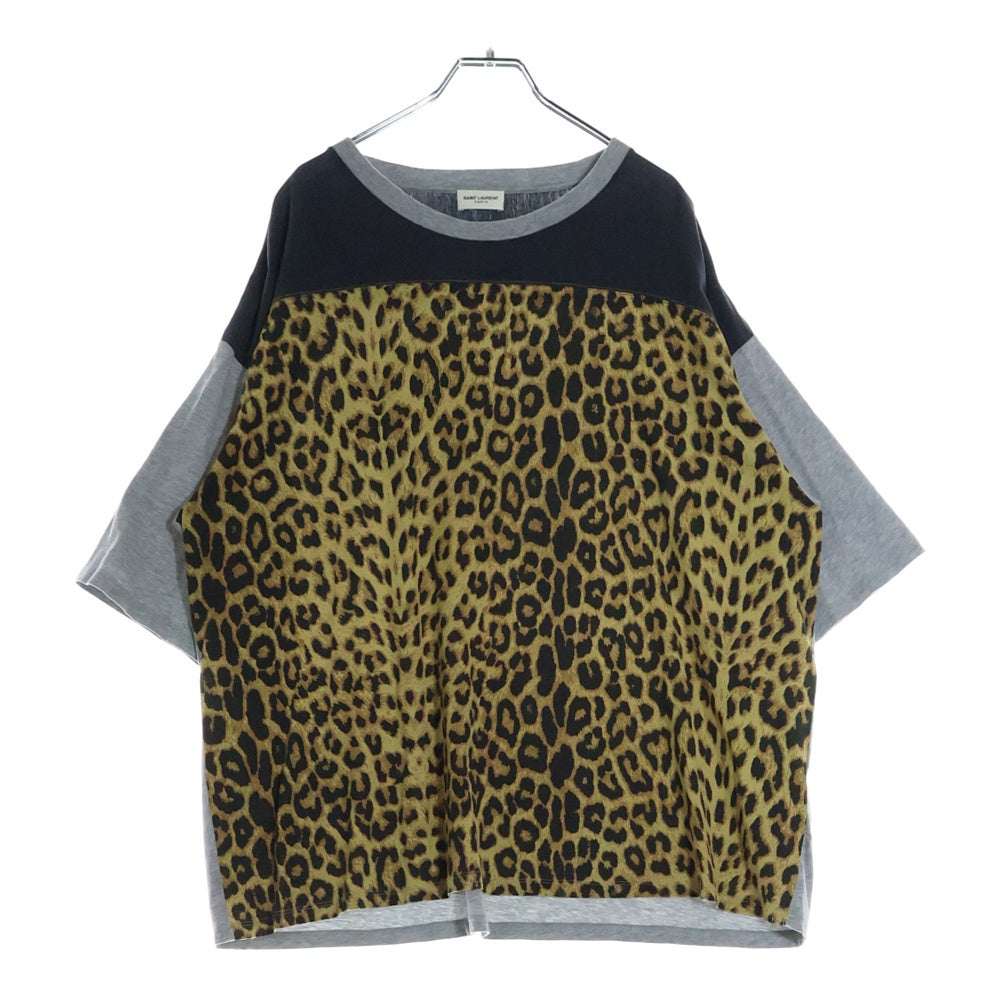 SAINT LAURENT PARIS(サンローランパリ) 16SS レオパード切替 コットン 半袖Tシャツ カットソー ブラウン/グレー 412452 Y2RD1