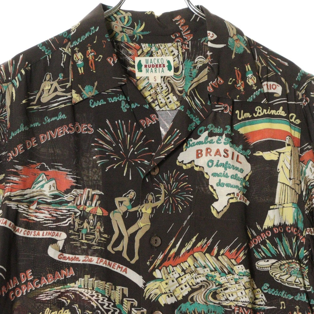 WACKO MARIA(ワコマリア) 14SS BRASIL ALOHA SHIRT ブラジル 総柄 オープンカラー レーヨン 半袖 アロハシャツ ブラウン