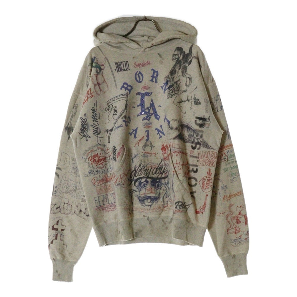 SAINT MICHAEL(セントマイケル) 24SS ボーンレイズドグラフィック総柄パーカー オフホワイト SM-YS8-0000-C11