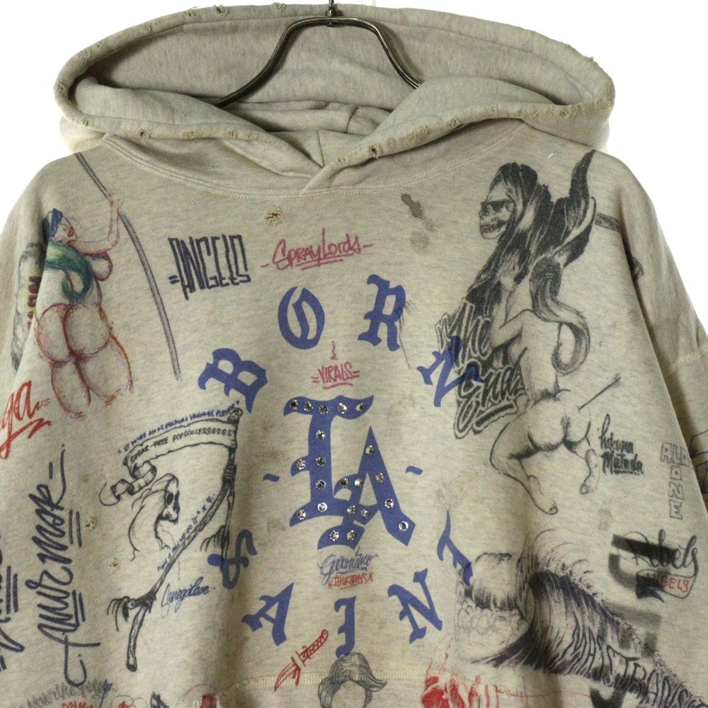 SAINT MICHAEL(セントマイケル) 24SS ボーンレイズドグラフィック総柄パーカー オフホワイト SM-YS8-0000-C11