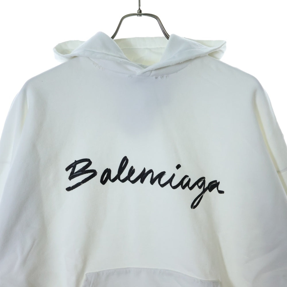 BALENCIAGA(バレンシアガ) 22AW ダメージ加工 ロゴ プルオーバー パーカー ホワイト 675003 TMVB5